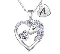 TINGN Regalos de unicornio para niñas, collares de corazón e inicial, joyería de unicornio para niñas, regalos de cumpleaños, Navidad y San Valentín, 18"+2", Latón, Circonia cúbica