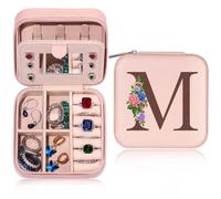 TINGN Regalos para niñas de 7,8,11,12 años- Pequeño joyero con letras iniciales M y flor Inicial Joyero para niñas Regalos para Cumpleaños Boda Dama de honor