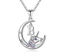 TINGN Unicornio Collares Regalos para Niñas Joyas, Chapado en Oro Blanco de 14k CZ Unicornio Collar Letra B Luna Colgante Unicornios Regalos para Niñas Unicornio Regalos Collar Joyas