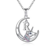 TINGN Unicornio Regalos para Niñas Collar, Chapado en Oro Blanco de 14 Quilates Crescent Moon Colgante Unicornio Cadena R para Niñas Colorido CZ Unicornio Collar Joyas Unicornio Regalos para Mujeres