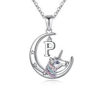 TINGN Unicornio Regalos para Niñas Collar de Cadena, Chapado en Oro Blanco de 14K Luna Colgante Colorido CZ Unicornio Collar P Inicial Unicornio Joyería Niños Collares para niñas Unicornios Regalos