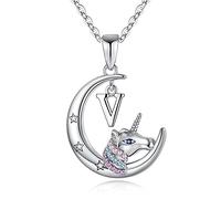 TINGN Unicornio Regalos para Niñas Collar de Cadena, Chapado en Oro Blanco de 14K Luna Colgante Colorido CZ Unicornio Collar V Inicial Unicornio Joyería Niños Collares para niñas Unicornios Regalos
