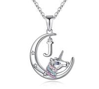 TINGN Unicornio Regalos para Niñas Collar de Cadena, Chapado en Oro Blanco de 14K Luna Colgante Colorido CZ Unicornio Collar J Inicial Unicornio Joyería Niños Collares para niñas Unicornios Regalos