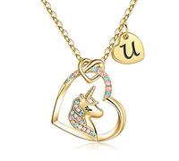 TINGN Unicornio Regalos para Niñas Collar de Corazón, 14k Chapado en Oro Corazón Colgante Unicornio Collar Carta Collar Unicornio Regalos Oro Inicial U Unicornio Collares para Niñas Joyería