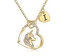 TINGN Unicornio Regalos para Niñas Collar de Corazón, 14k Chapado en Oro Corazón Colgante Unicornio Collar Carta Collar Unicornio Regalos Oro Inicial I Unicornio Collares para Niñas Joyería