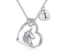 TINGN Unicornio Regalos para Niñas Collar de Corazón, Chapado en Oro Blanco de 14k Unicornio Colgante Collar Cadena con Letras Unicornio Regalos Inicial I Unicornio Collares para Niñas Joyería