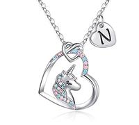 TINGN Unicornio Regalos para Niñas Collar de Corazón, Chapado en Oro Blanco de 14k Unicornio Colgante Collar Cadena con Letras Unicornio Regalos Inicial N Unicornio Collares para Niñas Joyería