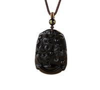 Tingyilan Amuleto colgante de collar de piedra preciosa de obsidiana natural Feng Shui con grabado del zodiaco chino de 12 signos, amuleto de horóscopo con símbolo animal,Negro,Monkey+Rat+Dragon