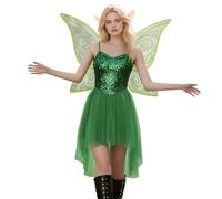 Tinkerbell Kostüm Damen,Tüllrock Grün,Flügeln,Elfen Kostüm Sexy,Waldfee Kostüme,Feenkostüm,Pailletten,Feen Kleider,Fantasy Prinzessin Tüll Fasching Karnevalskostüme Erwachsene Frauen Party Cosplay