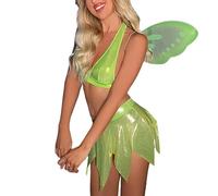 Tinkerbell Kostüm Damen,Tüllrock Grün,Flügeln,Elfen Kostüm Sexy,Waldfee Kostüme,Feenkostüm,Pailletten,Feen Kleider Set,Fantasy Prinzessin Tüll Fasching Karnevalskostüme Erwachsene Frauen Party Cosplay