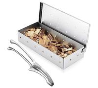 TINMIX Caja de incienso de acero inoxidable para asar virutas de madera con pinzas para alimentos, cámara de humo perforada, accesorios para barbacoa de carbón vegetal/barbacoa de gas