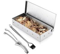 TINMIX Caja para ahumar para asar virutas de madera, cámara de humo perforada con cepillo de aceite de acero inoxidable 304 y pinzas para alimentos, accesorios para barbacoa de carbón vegetal/barbacoa