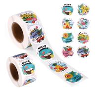 Tinoaly 1000uds/2 Rollos Pegatinas de Verano, 38mm Hello Summer Rollo Pegatinas Tema Playa Redondas Sandía Coco Diseño Palmeras para Niños Decoración Fiesta Hawaii Empaque Regalo Bolsas Dulces