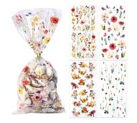 Tinoaly 100uds Bolsas de Galletas Caramelo de Flores Silvestres, 4 Estilos Estampado Floral Primaveral Cierres Seguridad Ideales para Decorar Fiestas Cumpleaños (Transparentes)
