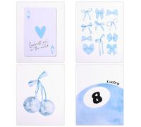 Tinoaly 4 Piezas Azul Láminas Arte de Pared, 20 x 25cm Sin Marco Coqueta Estéticos Preppy Lazo Bola Discoteca Póster Arte Habitación Decoración de Pared para Niñas y Niños Dormitorio (4 Estilos)