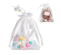 Tinoaly Bolsa Transparente para Exhibir Muñecas, Estuche Protector Portátil con Pompones Flores y Campanas Organizador Colgante con Cordón para Figuras Coleccionables y Peluches (Blanco-Grande)
