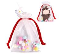 Tinoaly Bolsa Transparente para Exhibir Muñecas, Estuche Protector Portátil con Pompones Flores y Campanas Organizador Colgante con Cordón para Figuras Coleccionables y Peluches (Rojo-Grande)