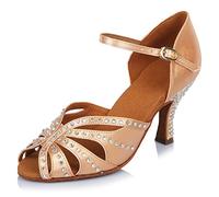 TINRYMX Seda Zapatos Baile Latino Diamante de Imitación Salsa Zapatos de Baile Latino de Mujer,Modelo-AF-43504,Beige,42 EU