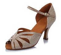 TINRYMX Seda Zapatos Baile Latino Diamante de Imitación Salsa Zapatos de Baile Latino de Mujer,Modelo-AF-43524,Dorado,44 EU