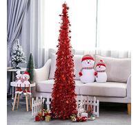 Tinsel Pop Up Christmas Tree,Easy-Assembly Collapsible Artificial Pencil Xmas Slim Tree with Shiny Sequins For Home Decor-Red 4ft The New