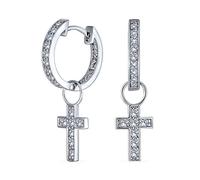 Tiny Cruz Comunión Kpop Huggie Dangle Cz Pendientesde Aro Pave Cubic Zirconia Intercambiables Removibles Encantos 2 En 1 Pendientesset Plateado