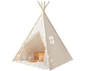 Tiny Land Tipi Infantil con Alfombra Acolchada & Luces - Tienda de Campaña Infantil para Niños, Casita de Juegos Interior y Exterior, Cabaña de Tela Decoración Habitación Bebé, Regalo 3 Años+