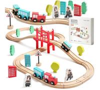 Tiny Land Tren Juguete, 39Pcs Trenes de Juguetes para Niños con Pistas de Madera, Compatible con Otras Marcas líderes, Intercambiable y Expandible, Kit de Ferrocarril de Juguete Empaquetado de Regalo