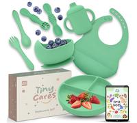 TINYCARES Vajilla Bebe Silicona Segura y Sostenible, Vaso Aprendizaje Bebe, Precucharas Blw para Desarrollo Motor de Bebes, Vajilla Infantil, Cubiertos Infantiles. Incluye Guía Recetas First Bites