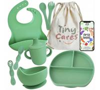 TINYCARES Vajilla Bebe Silicona, Vaso Aprendizaje y Cuchara Bebe Aprendizaje para Desarrollo Motor de Bebes, Vajilla Infantil, Cubiertos Infantiles. Incluye Bolsa de Algodón y Guía Recetas BLW (Verde)