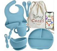 TINYCARES Vajilla Bebe Silicona, Vaso Aprendizaje y Cuchara Bebe Aprendizaje para Desarrollo Motor de Bebes, Vajilla Infantil, Cubiertos Infantiles. Incluye Bolsa de Algodón y Guía Recetas BLW