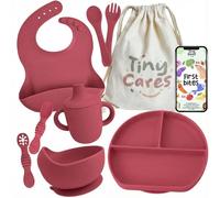 TINYCARES Vajilla Bebe Silicona, Vaso Aprendizaje y Cuchara Bebe Aprendizaje para Desarrollo Motor de Bebes, Vajilla Infantil, Cubiertos Infantiles. Incluye Bolsa de Algodón y Guía Recetas BLW