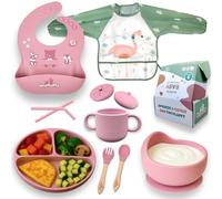 Tinyfluffy - Vajilla Bebe Silicona - Cubiertos Bebe 6 Meses - Platos Bebe Ventosa - Blw Utensilios - Vajilla Infantil - Alimentacion Complementaria Bebe - Cubiertos Infantiles - Babero Silicona Rosa
