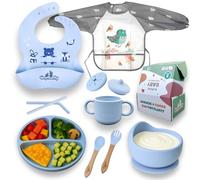 Tinyfluffy - Vajilla Bebe Silicona - Cubiertos Bebe 6 Meses - Platos Bebe Ventosa - Blw Utensilios - Vajilla Infantil - Alimentacion Complementaria Bebe - Cubiertos Infantiles - Babero Silicona azul