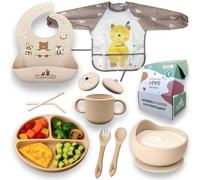 Tinyfluffy - Vajilla Bebe Silicona - Cubiertos Bebe 6 Meses - Platos Bebe Ventosa - Blw Utensilios - Vajilla Infantil - Alimentacion Complementaria Bebe - Cubiertos Infantiles - Babero Silicona Beige