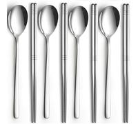 Tiokin Juego de 4 palillos y cucharas coreanas, metal inoxidable, mango largo plano reutilizable para el hogar, cocina o restaurante
