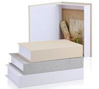 Tioncy 3 cajas de libros falsos de lino neutro, decoración de accesorios de imitación para decoración del hogar, estante, mesa, tarjetas, fotos, regalo de recuerdo (varios tamaños, blanco arroz, gris