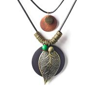 Tiong Collar con colgante de madera hecho a mano, vintage, bohemio, diseño multicapa, cadena larga de cordón de cuero, collares elegantes para mujeres y hombres, talla única, Madera, No es una piedra