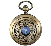 Tiong Reloj de bolsillo calado de bronce antiguo con cadena, esfera azul cielo estrellado vintage para hombre con cadena
