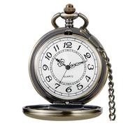 Tiong Reloj de bolsillo clásico retro de cuarzo de acero suave, relojes de bolsillo vintage para hombres y mujeres, números arábigos, esfera blanca con cadena para cumpleaños y graduación, bronce (66