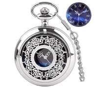 Tiong Reloj de bolsillo con diseño de estrellas azules huecas, números romanos, relojes de bolsillo de cuarzo con cadena, regalos de cumpleaños de Navidad para hombres y mujeres, Plata y negro, Retro