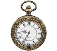 Tiong Reloj de bolsillo de bronce antiguo, caja grabada con esfera de números romanos, relojes de bolsillo de cuarzo vintage para hombre con cadena