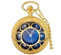 Tiong Reloj de bolsillo de cuarzo con diseño de estrella azul steampunk, números romanos, reloj de bolsillo con cadena, regalos de Navidad, Gold1, Estilo vintage
