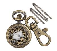 Tiong Reloj de bolsillo de cuarzo con patrón de hora y latitud de bronce, tamaño pequeño, diseño retro ahuecado con llavero y cadena de collar, accesorio de regalo único, KPW-79, Moda