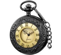 Tiong Reloj de bolsillo de cuarzo de color único para hombre, números romanos, escala de relojes de bolsillo con cadena, para hombres y mujeres, 67-negro dorado, Clásico