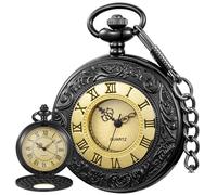 Tiong Reloj de bolsillo de cuarzo de color único para hombre, números romanos, escala de relojes de bolsillo con cadena, para hombres y mujeres, 67-negro dorado, Clásico