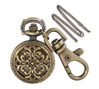 Tiong Reloj de bolsillo de cuarzo para hombre con diseño floral de bronce vintage, tamaño pequeño con llavero y cadena, accesorios de reloj retro neutro, KPW-64, Moda