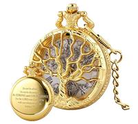 Tiong Reloj de bolsillo hueco con diseño de árbol de la vida, números romanos grabados, versículo bíblico, reloj de bolsillo de cuarzo con cadena, reloj de bolsillo personalizado, regalo de cumpleaños