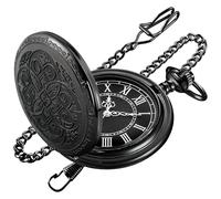 Tiong Reloj de bolsillo vintage con grabado ornamentado con cadena, números romanos, relojes de bolsillo de cuarzo para hombres, regalos de Navidad, Ch-negro, Estilo vintage