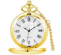 Tiong Reloj de bolsillo vintage de acero liso con números romanos/diseño estrellado azul, relojes de bolsillo de cuarzo con cadena para hombres y mujeres, 53-oro, Clásico