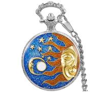 Tiong Reloj de bolsillo vintage de cuarzo plateado con diseño esmaltado de sol, luna y estrella, números arábigos, escala digital, para hombre